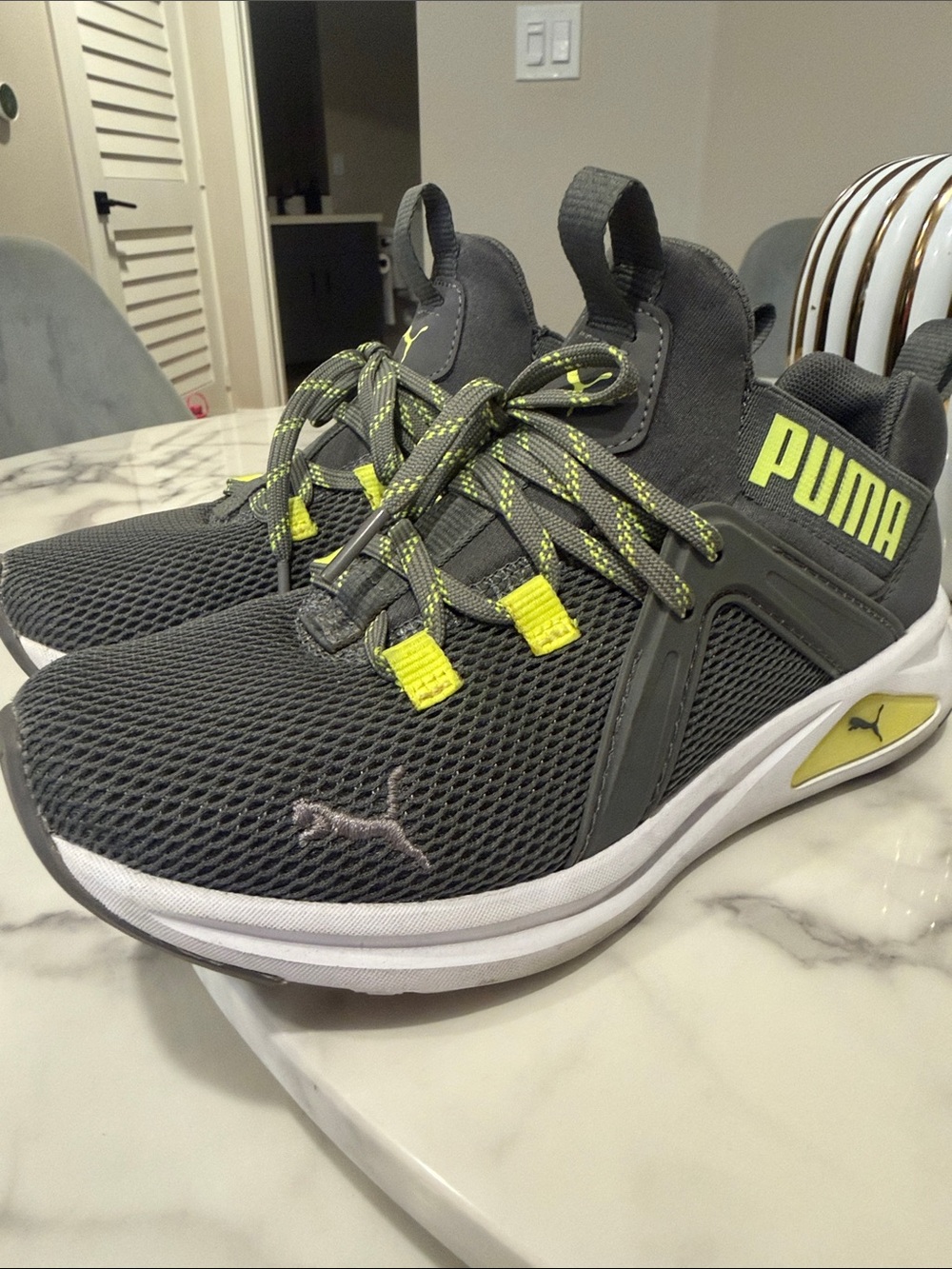 Puma Kids Gray Sneakers with Neon Yellow Accents